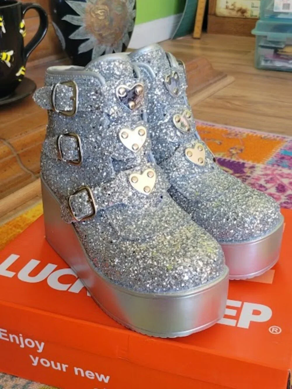 Lucky Step Hippie Platform Glitter Sneakers with Buckles,Hearts, Side Zip